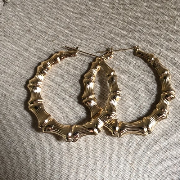 RETRO 1990s 8K Gold Bamboo 2" Round B Girl Hoops hoop Earrings Vintage Chic - Picture 5 of 5